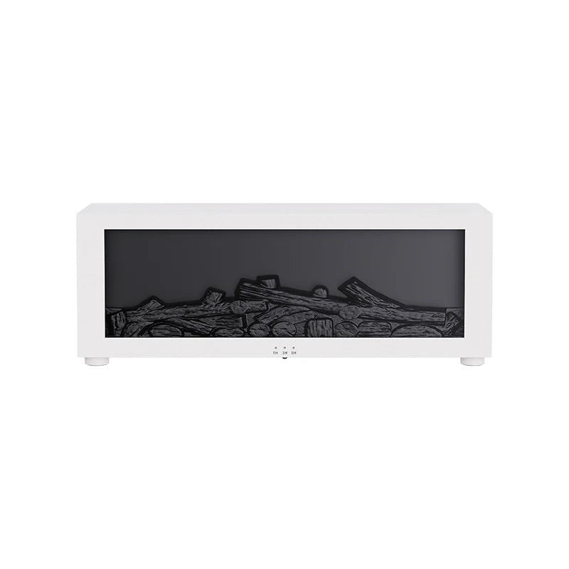 White fireplace-style humidifier in off mode with decorative wood panel