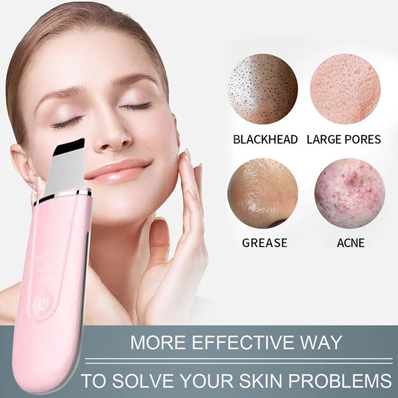 Ultrasonic face scrubber being used on woman’s skin to remove blackheads and acne.