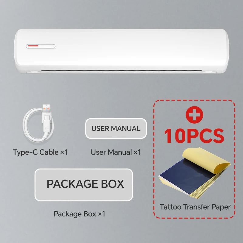 White thermal tattoo printer set with 10pcs tattoo transfer paper and USB cable