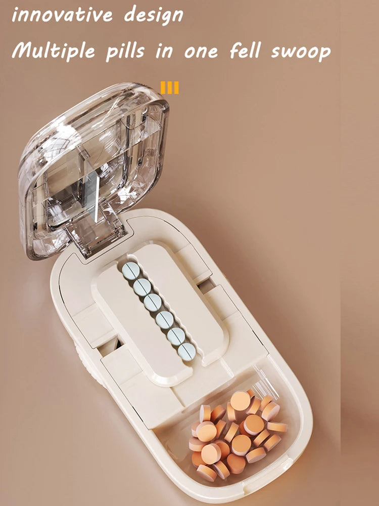 Beige Adjustable Pill Cutter by e.chu, labeled as Quartering Pill Cutter, open with pills in compartments, shown with a closed unit.