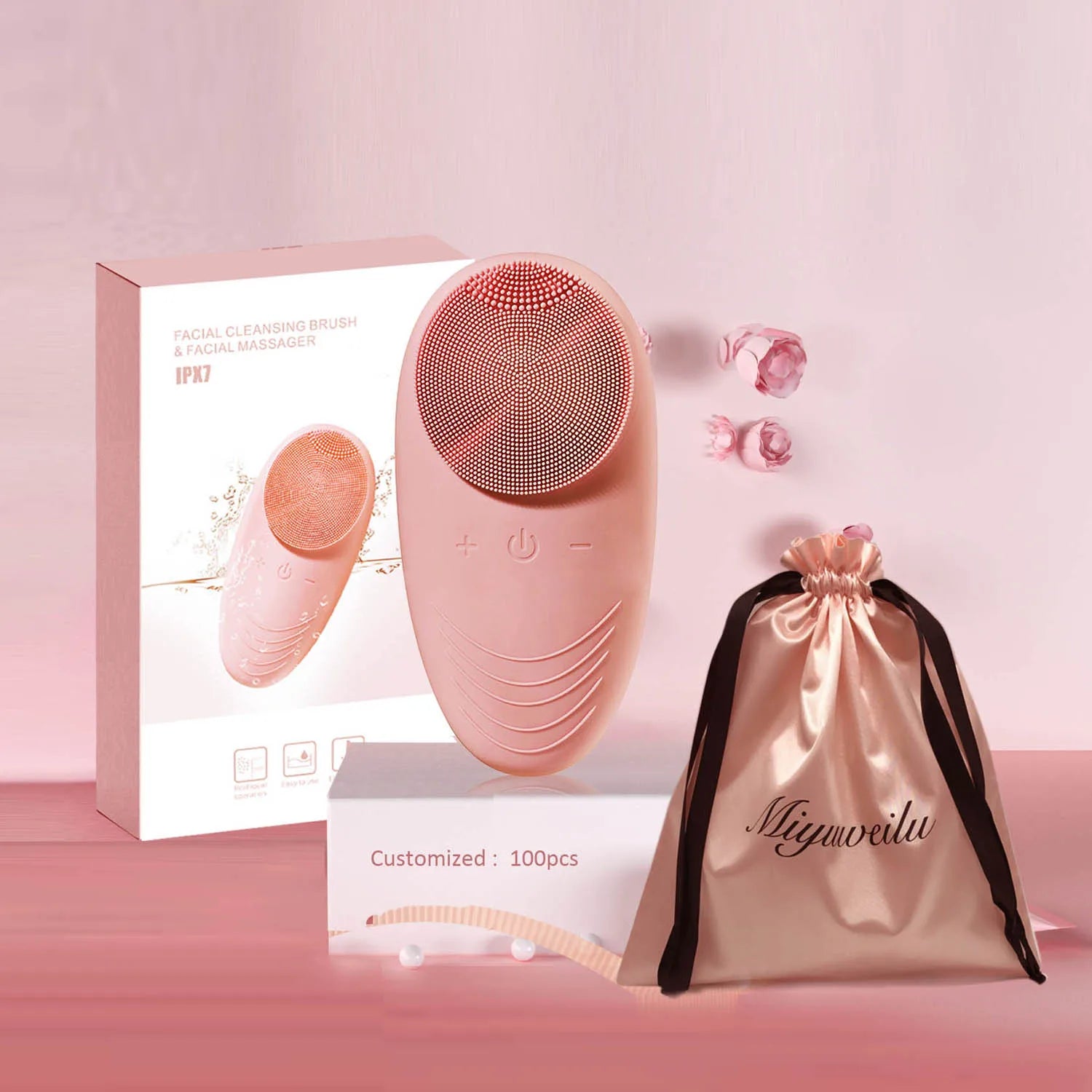 Face brush skincare set with packaging and silk drawstring bag