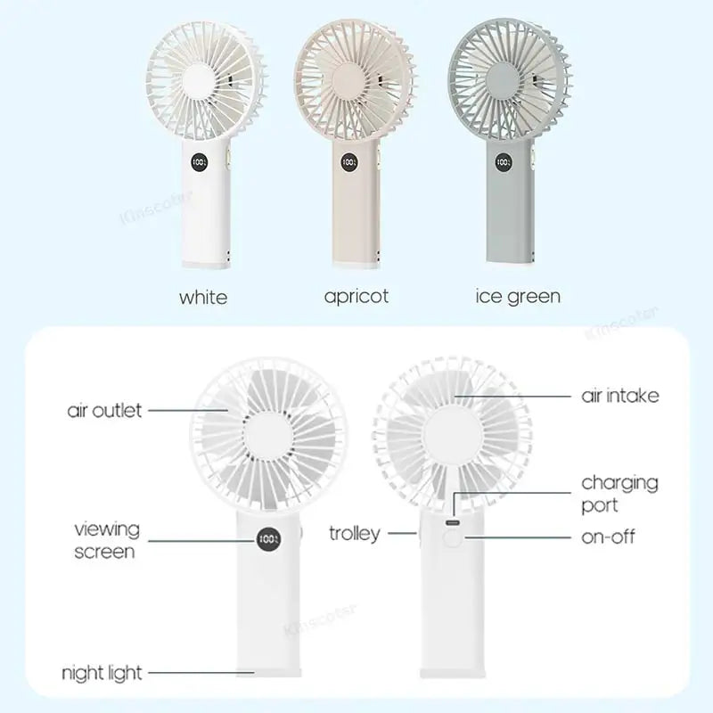 Diagram showing handheld fan airflow design, charging port, LED light, and available colors