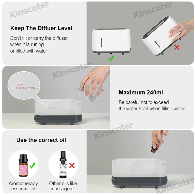 "How to use the 240ml flame diffuser correctly with water level and oil instructions