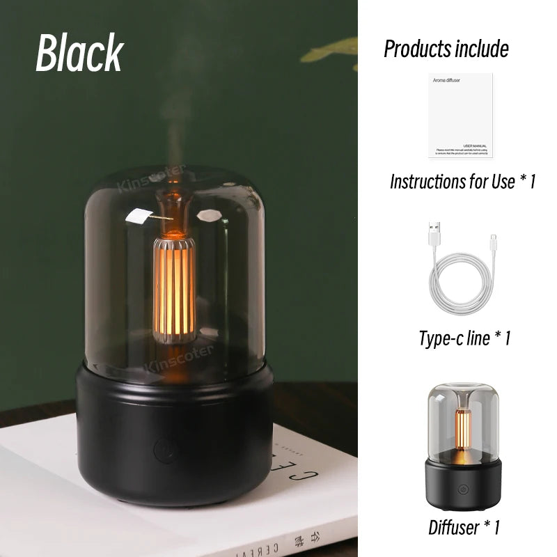 Black aroma diffuser with accessories: USB Type-C cable and manual.

