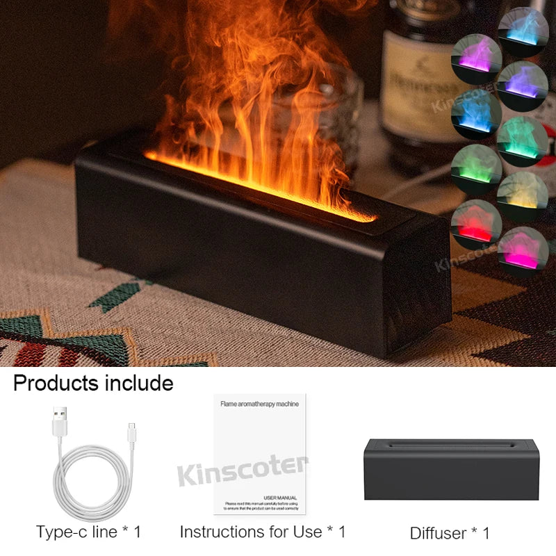KINSCOTER black diffuser with realistic flame, 8-color LED mist and included charging kit


