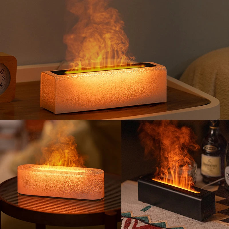 Three KINSCOTER flame aroma diffusers in white crackle, oval white, and black designs glowing with mist

