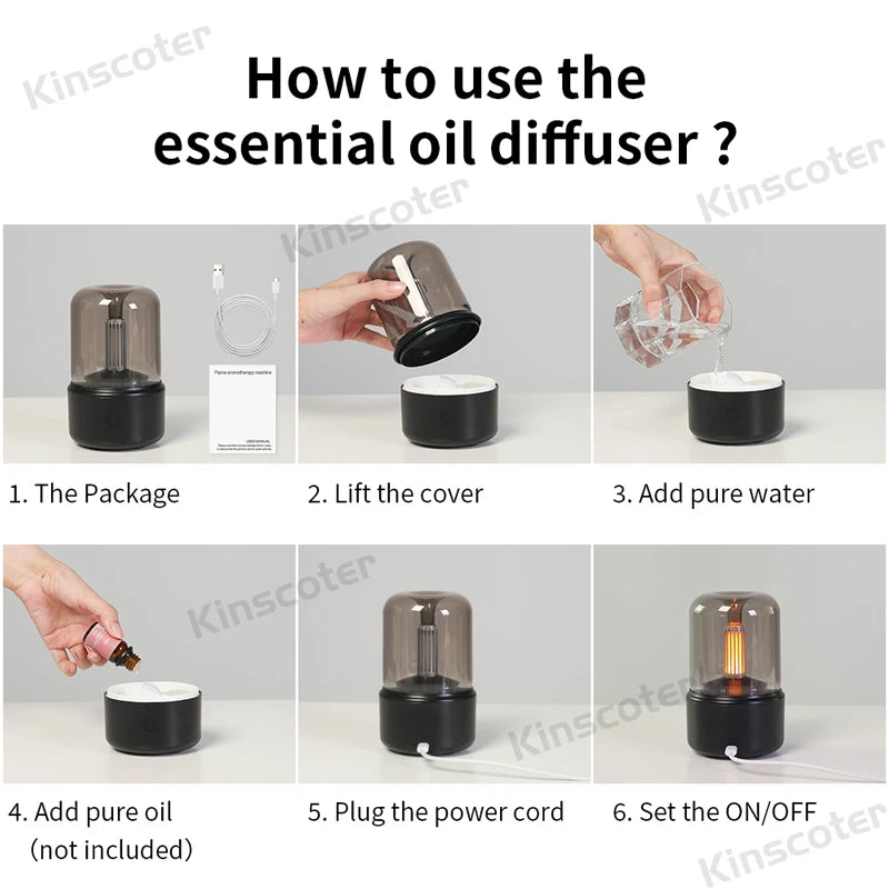 Step-by-step guide showing how to use the Kinscoter aroma diffuser.

