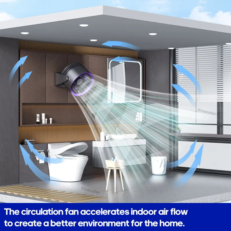 Grey fan mounted on bathroom wall blowing cool air – easy to install.

